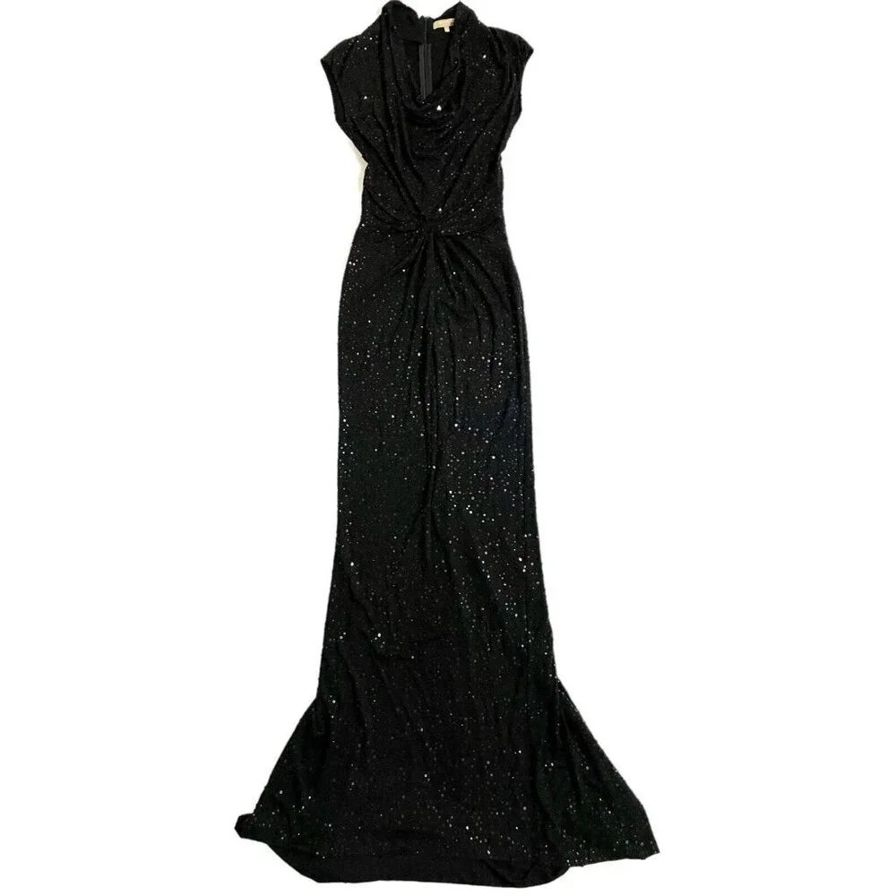 Michael Kors Black Sequin Mermaid Gown Evening Dress Front Twist SZ 4 New